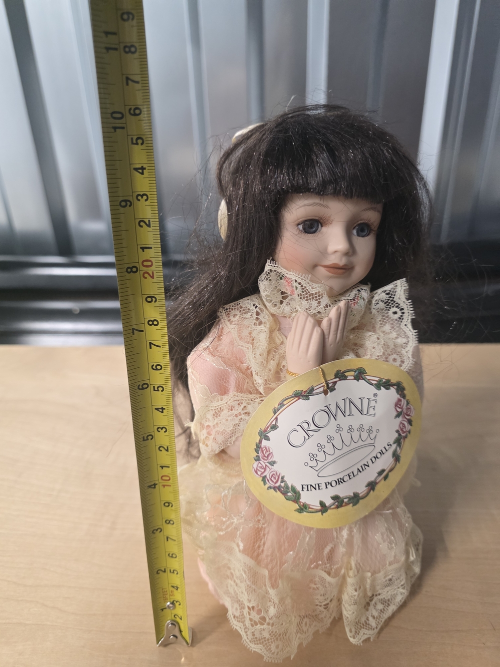 Vintage Crown Praying Porcelain Doll in Pink and Cream Lace Dress
